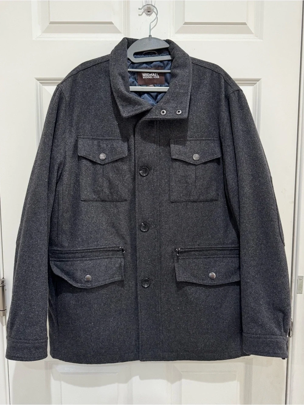 Michael Kors Men's Dark Gray Wool Blend Field Jacket Coat Sz L Button Quilted